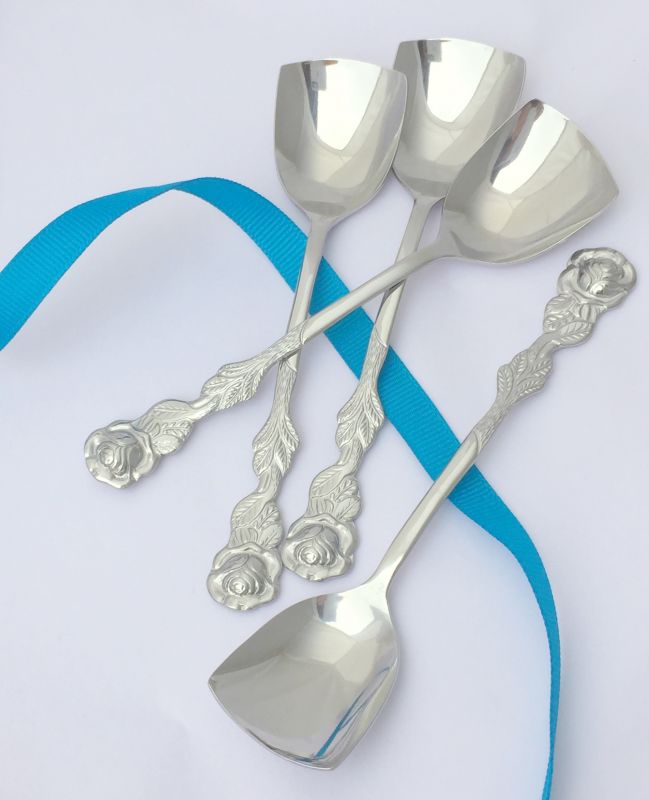 Rose Stainless Steel Dessert Spoon, set of 4, 5 inches long
