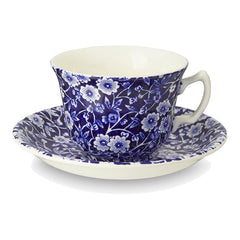 Blue Calico Teacup and Saucer by Burleigh, Made in England 6 oz